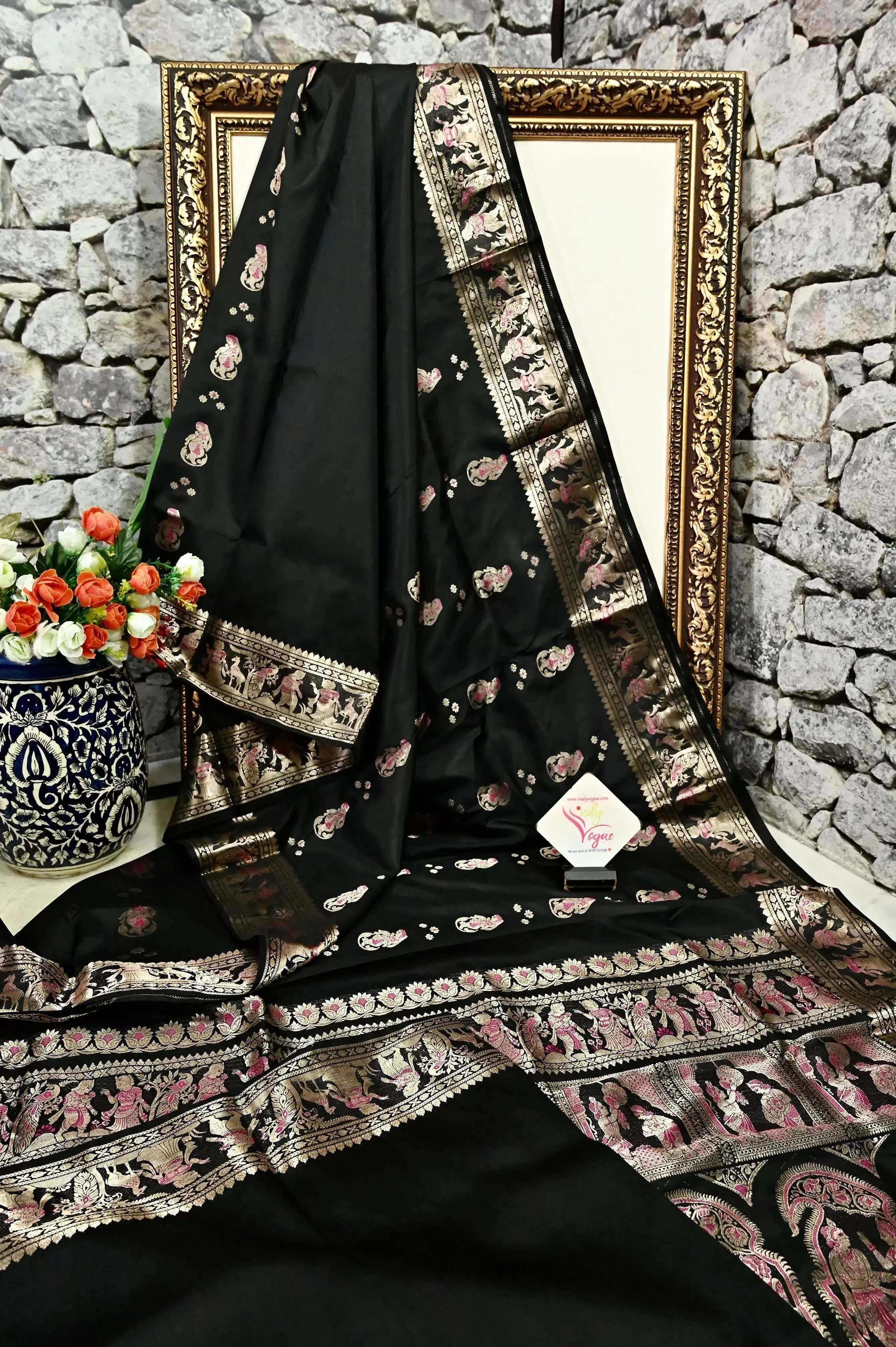 Black Color Pure Swarnachari Silk Saree with Meenakari Work