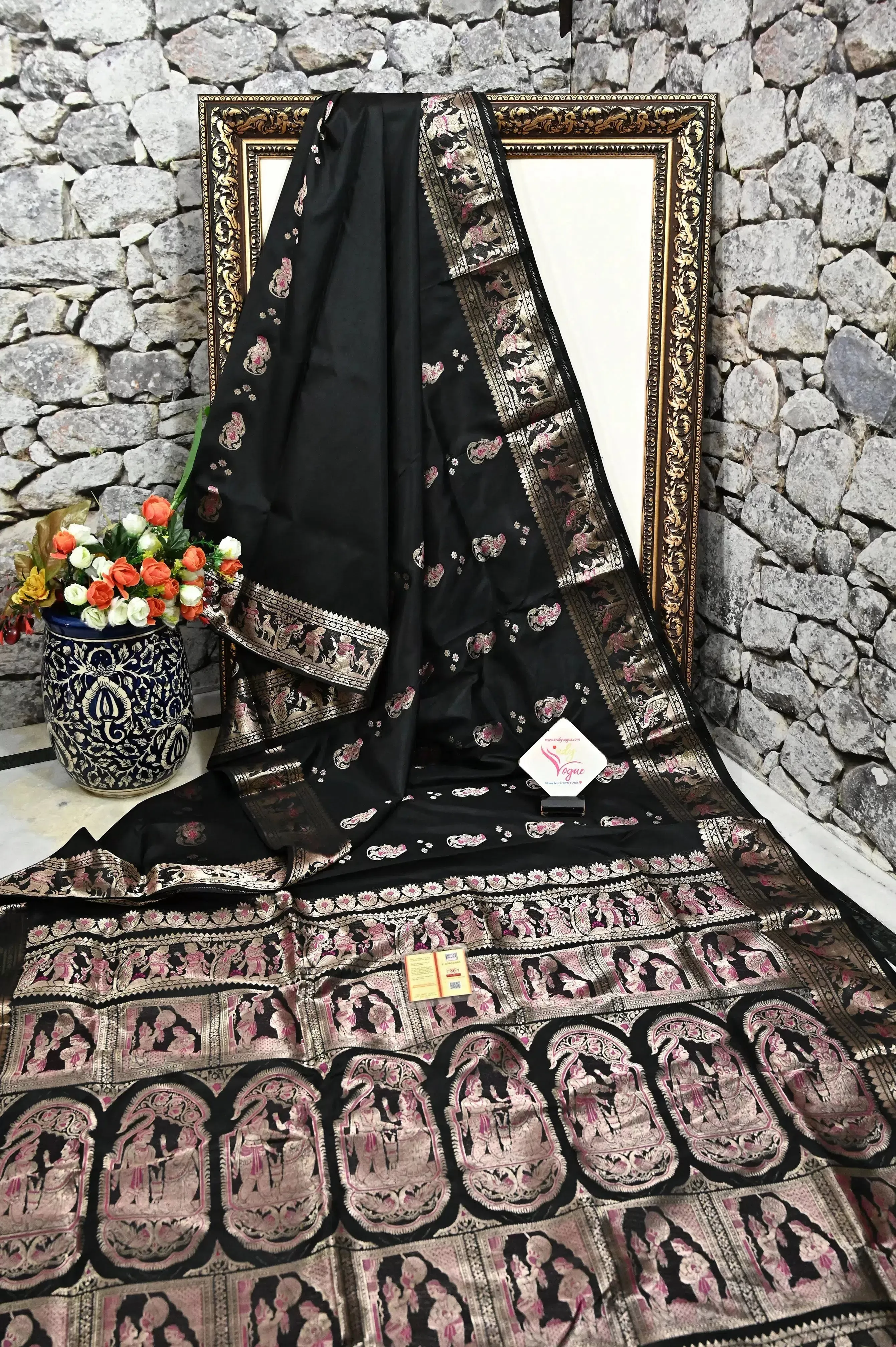 Black Color Pure Swarnachari Silk Saree with Meenakari Work