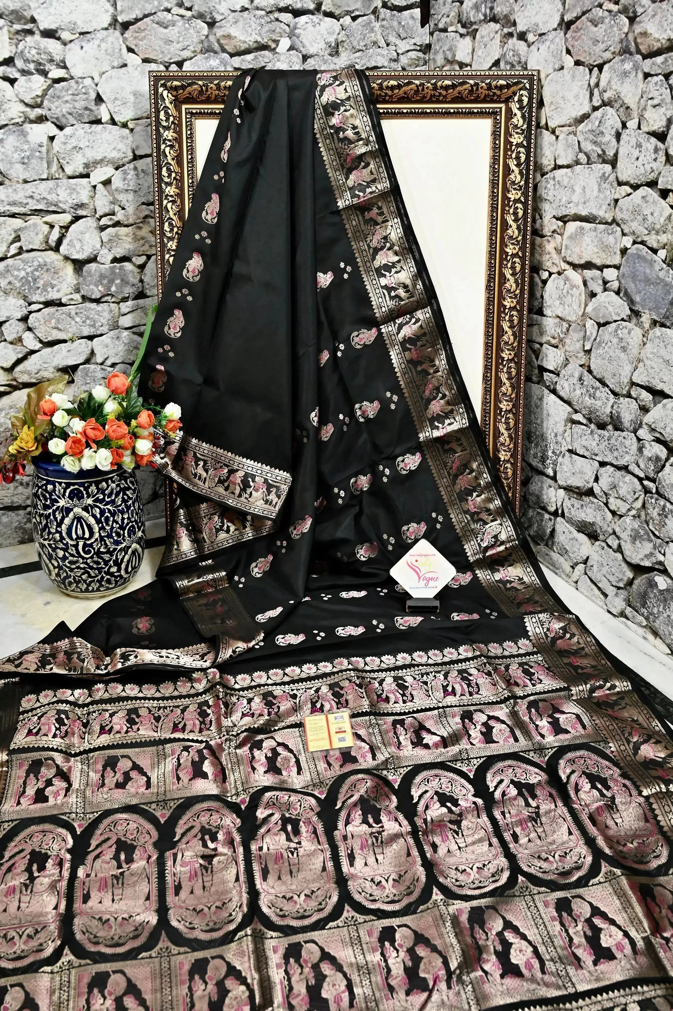 Black Color Pure Swarnachari Silk Saree with Meenakari Work