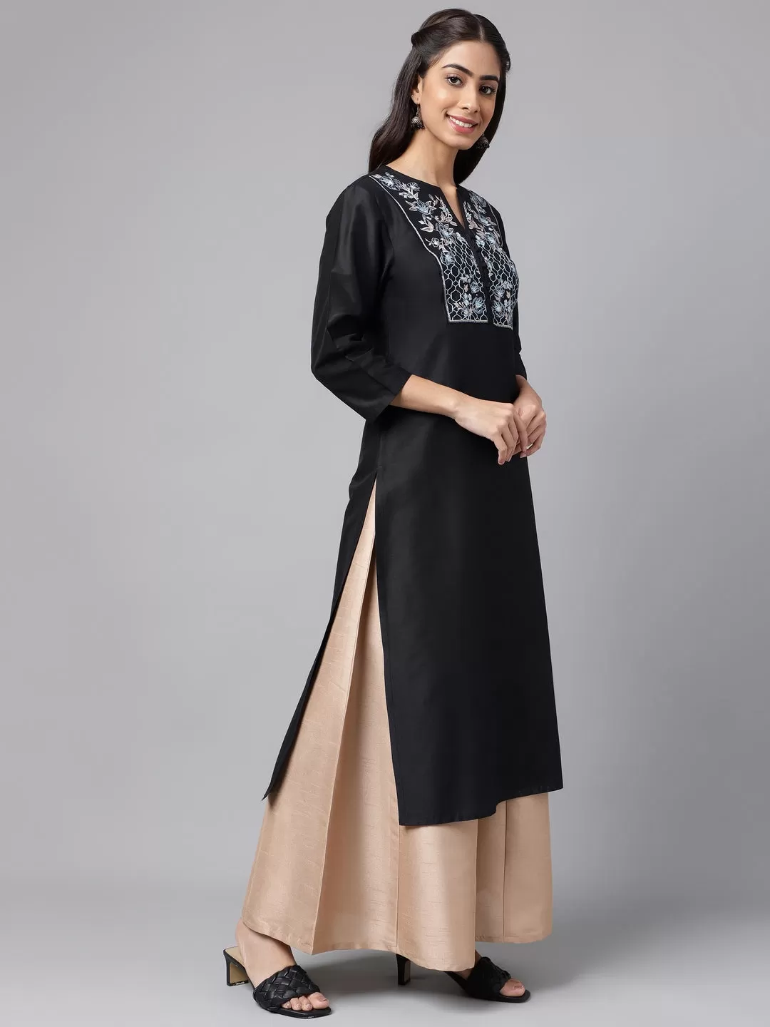 Black Poly Silk Solid Straight Kurta