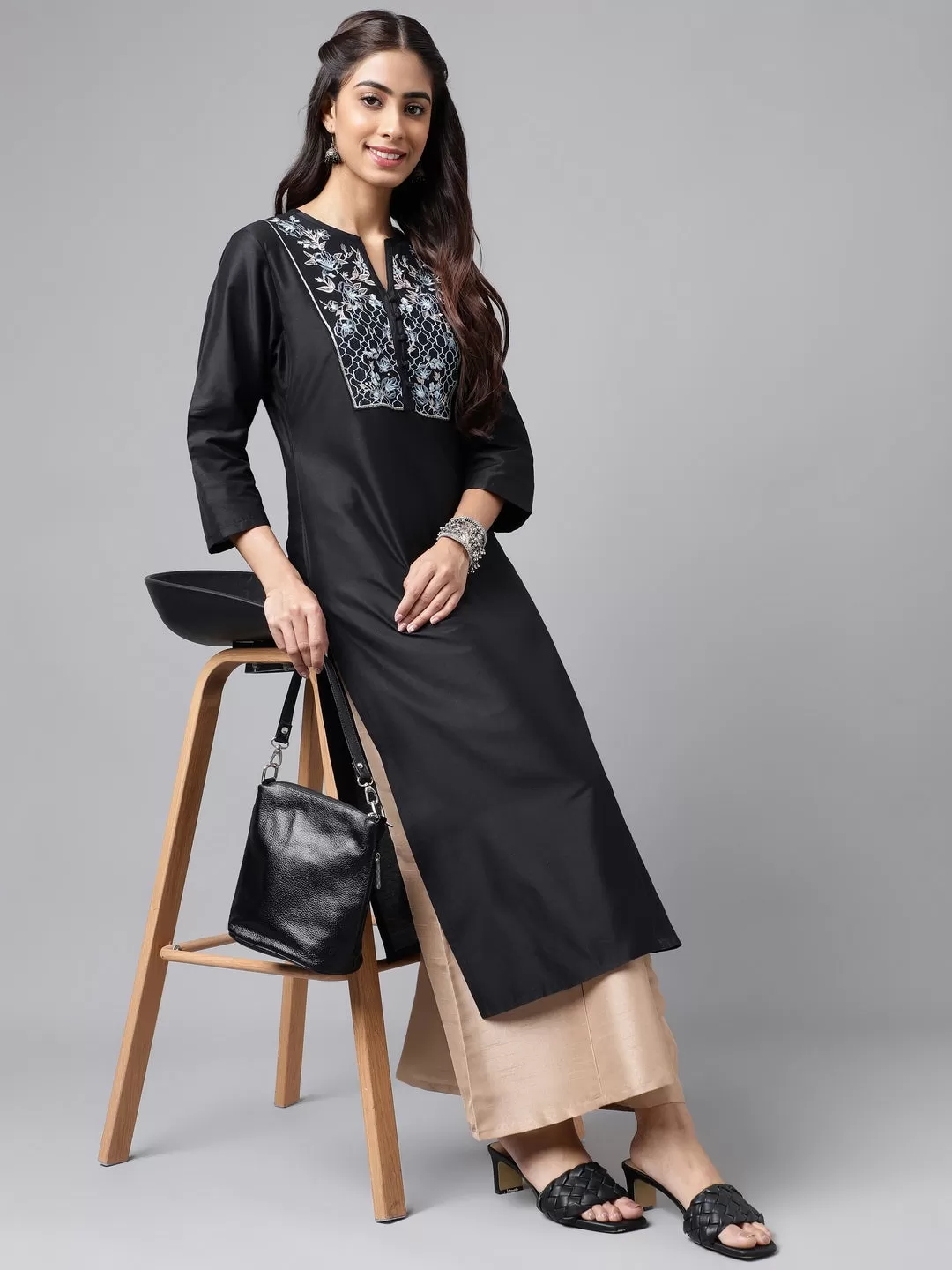 Black Poly Silk Solid Straight Kurta