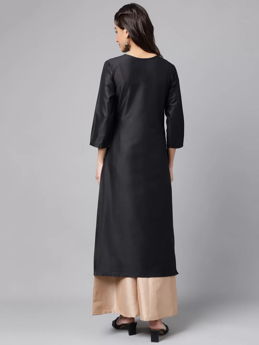 Black Poly Silk Solid Straight Kurta