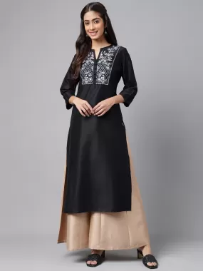 Black Poly Silk Solid Straight Kurta