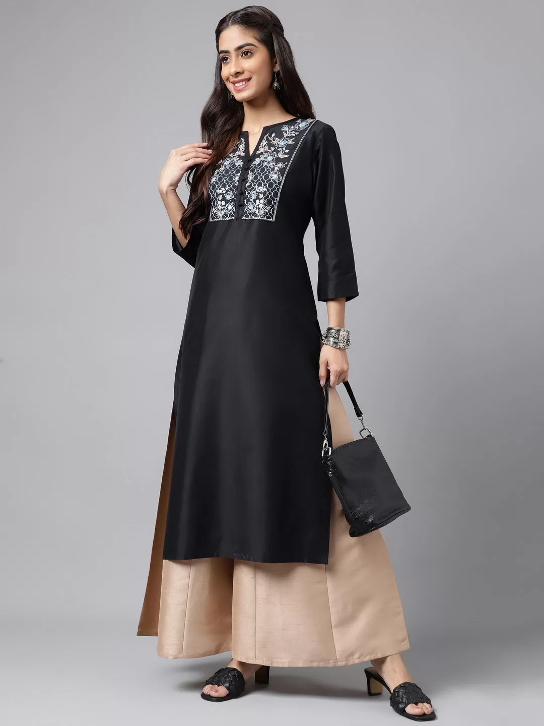 Black Poly Silk Solid Straight Kurta