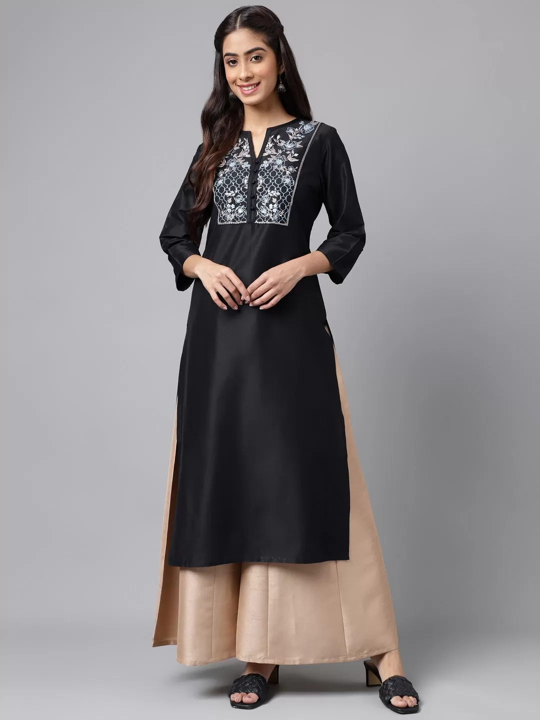 Black Poly Silk Solid Straight Kurta