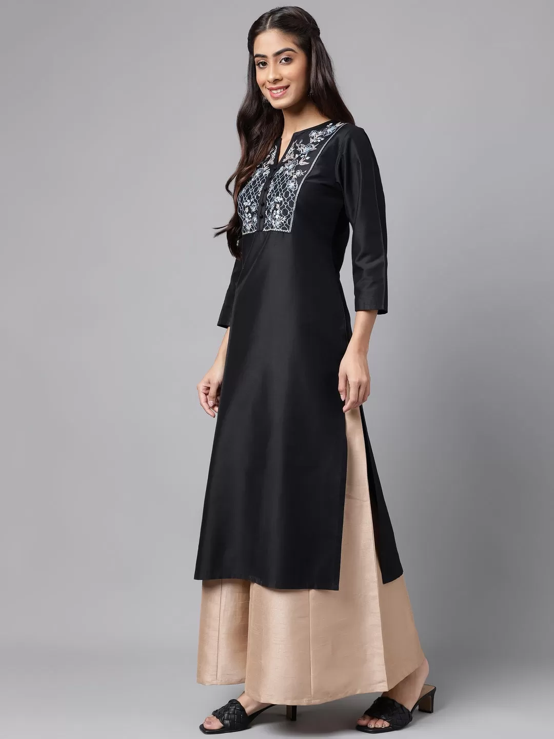 Black Poly Silk Solid Straight Kurta