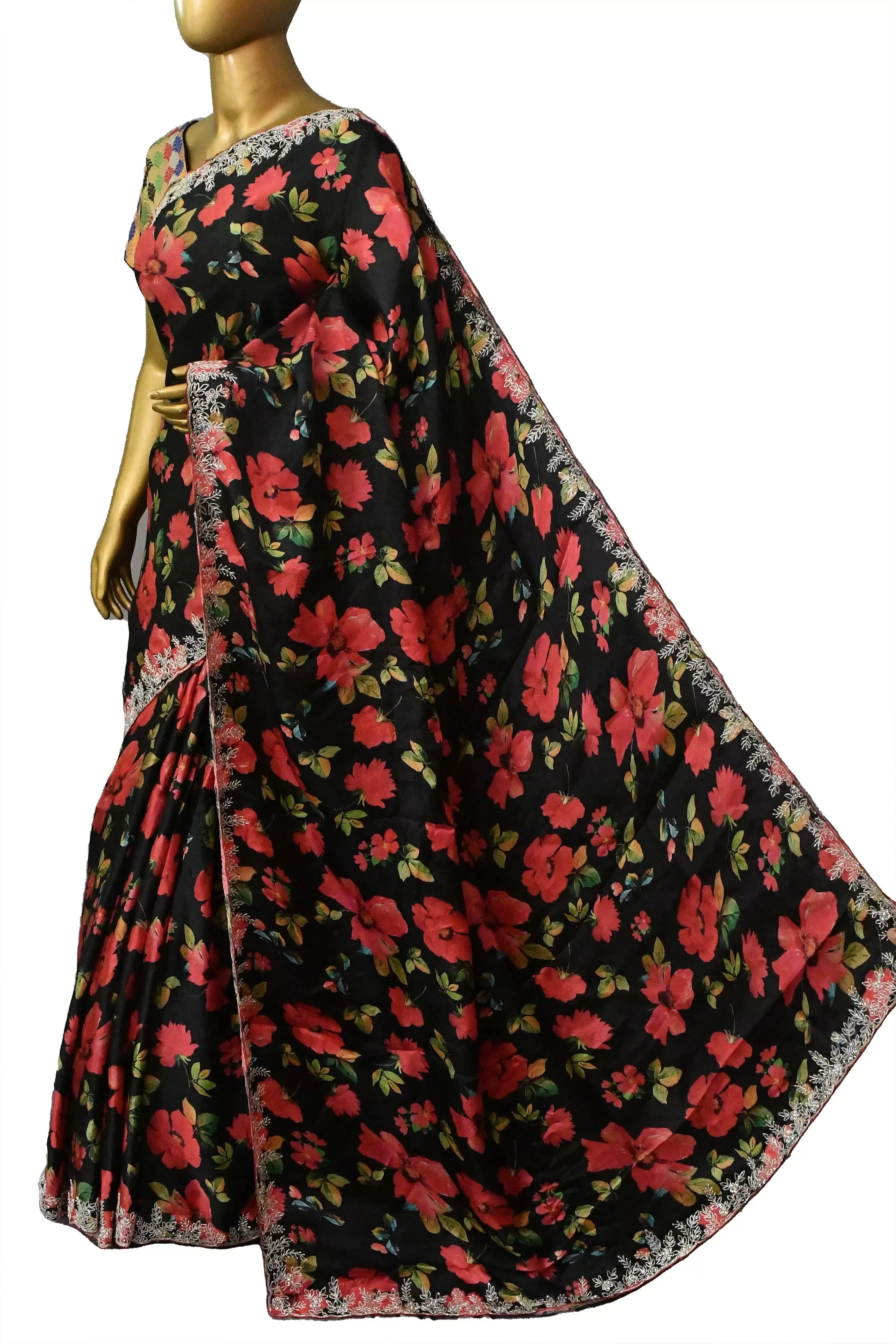 Black Satin Crepe Silk Saree with Digital Print and Stone Plus Sequin Embroidery