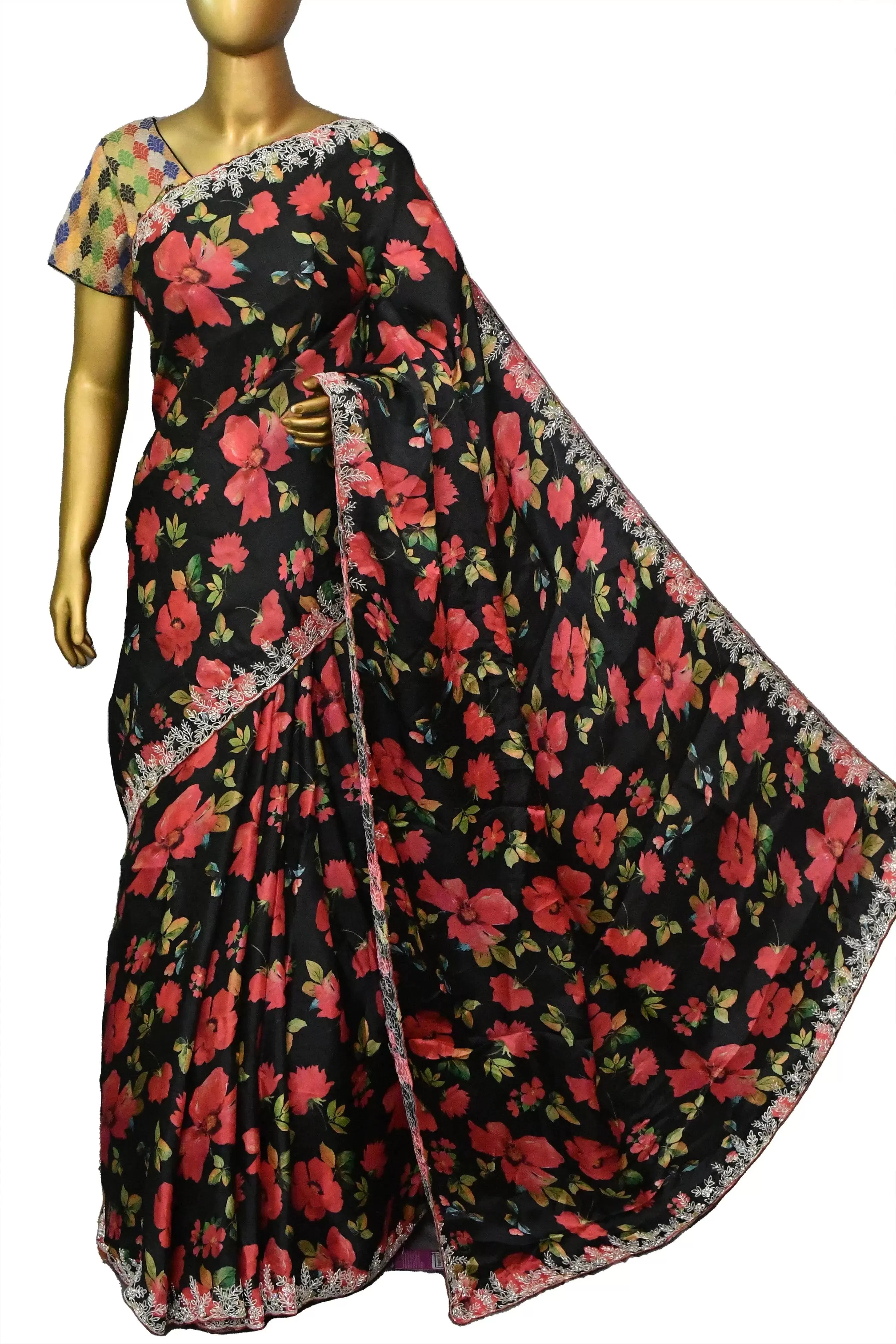 Black Satin Crepe Silk Saree with Digital Print and Stone Plus Sequin Embroidery