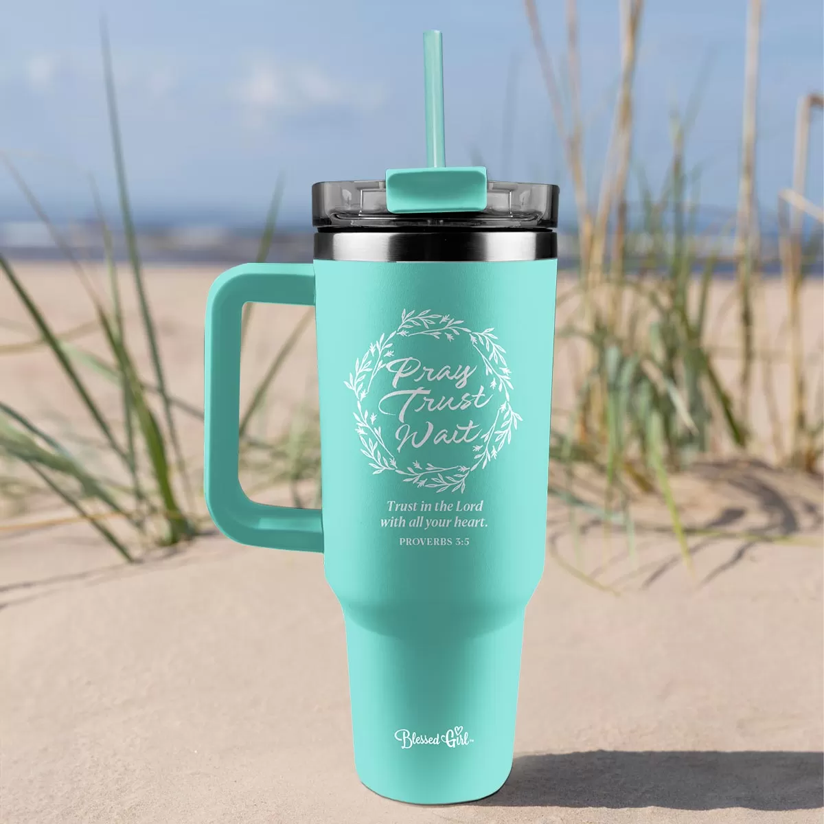 Blessed Girl 40 oz Stainless Steel Mug With Straw Pray Trust Wait