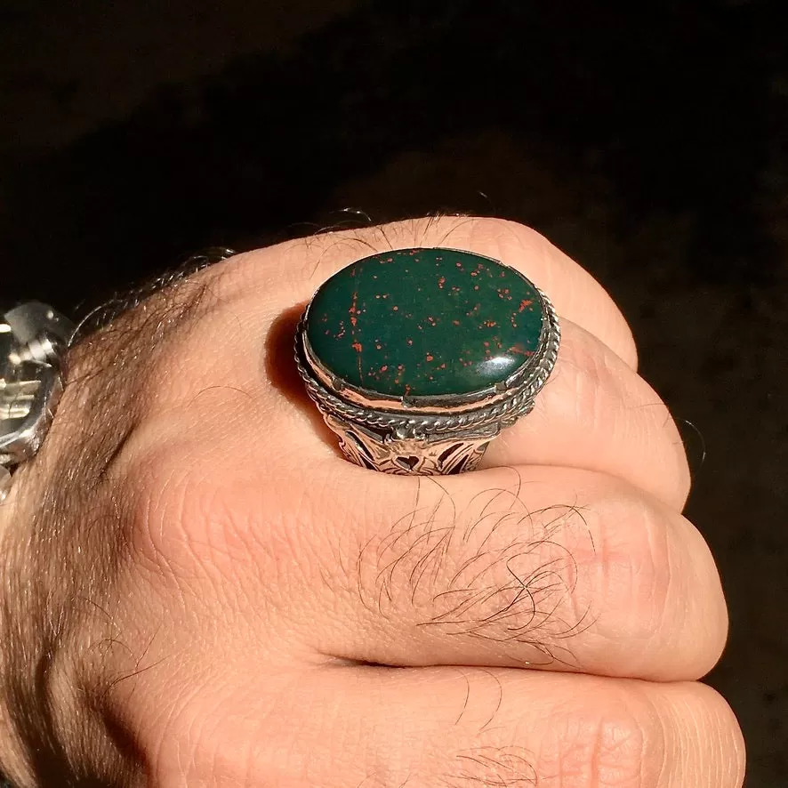 Bloodstone Mens Ring Unique Handmade Sterling Silver Natural Gemstone Heliotrope Turkish Jewelry