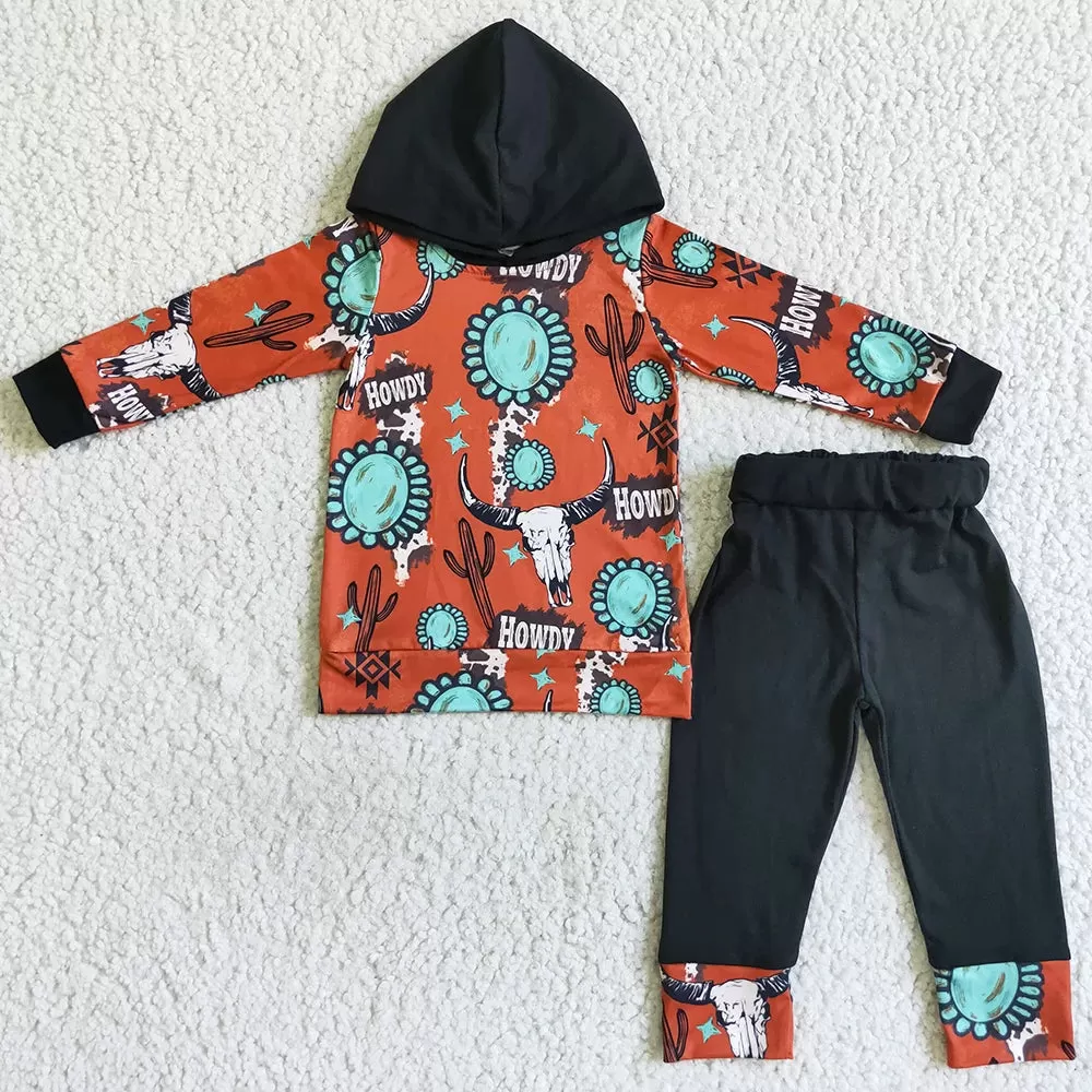 Boys Western Hoodie Outfit (to 14/16) - Skull Cactus Turquoise