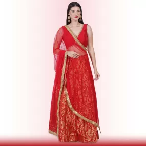 Brocade Lehenga for Wedding Guests - Red