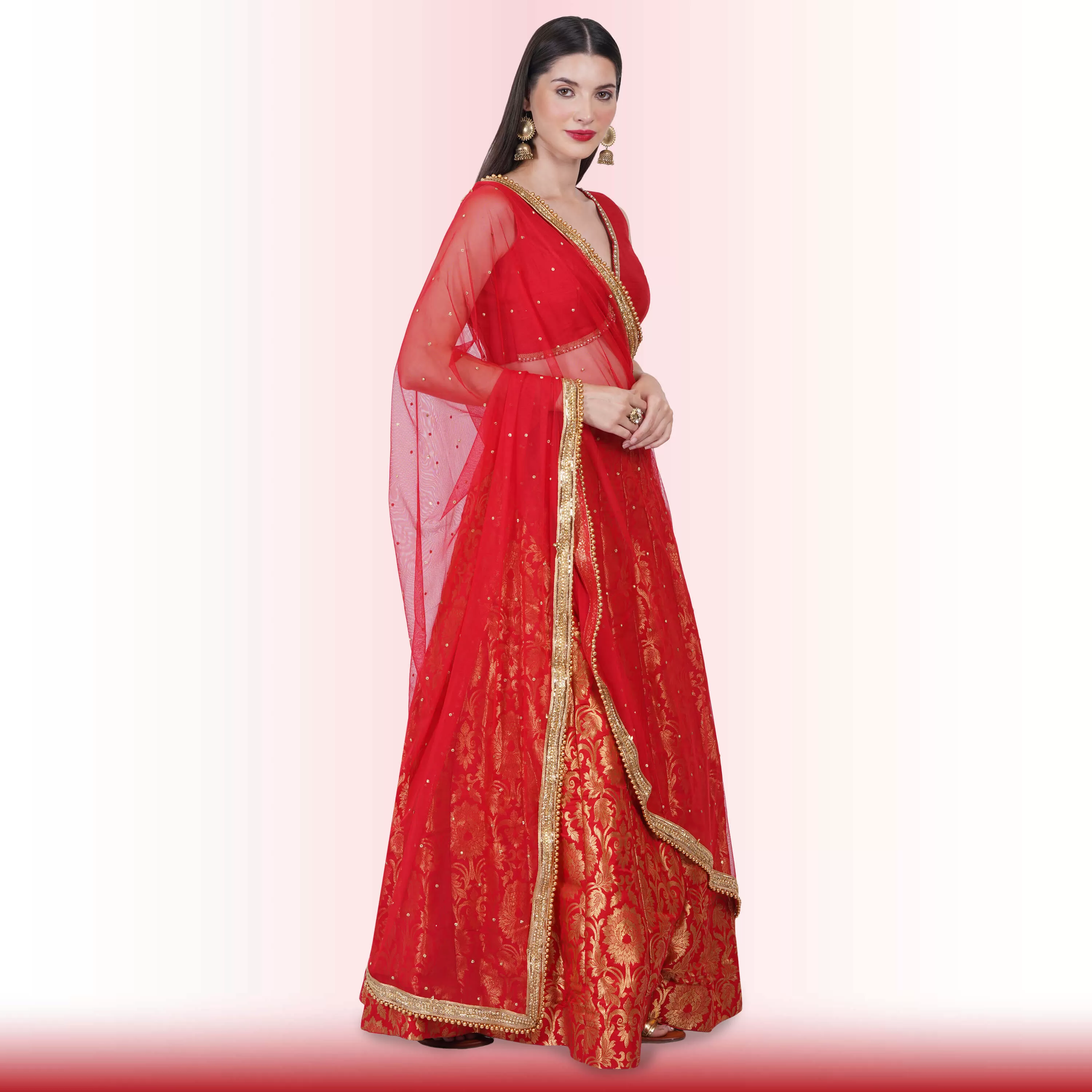 Brocade Lehenga for Wedding Guests - Red