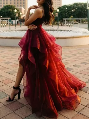 Burgundy High Low Long 2021 Prom Dresses, Fluffy Tulle Prom Dresses, Popular Evening Dresses