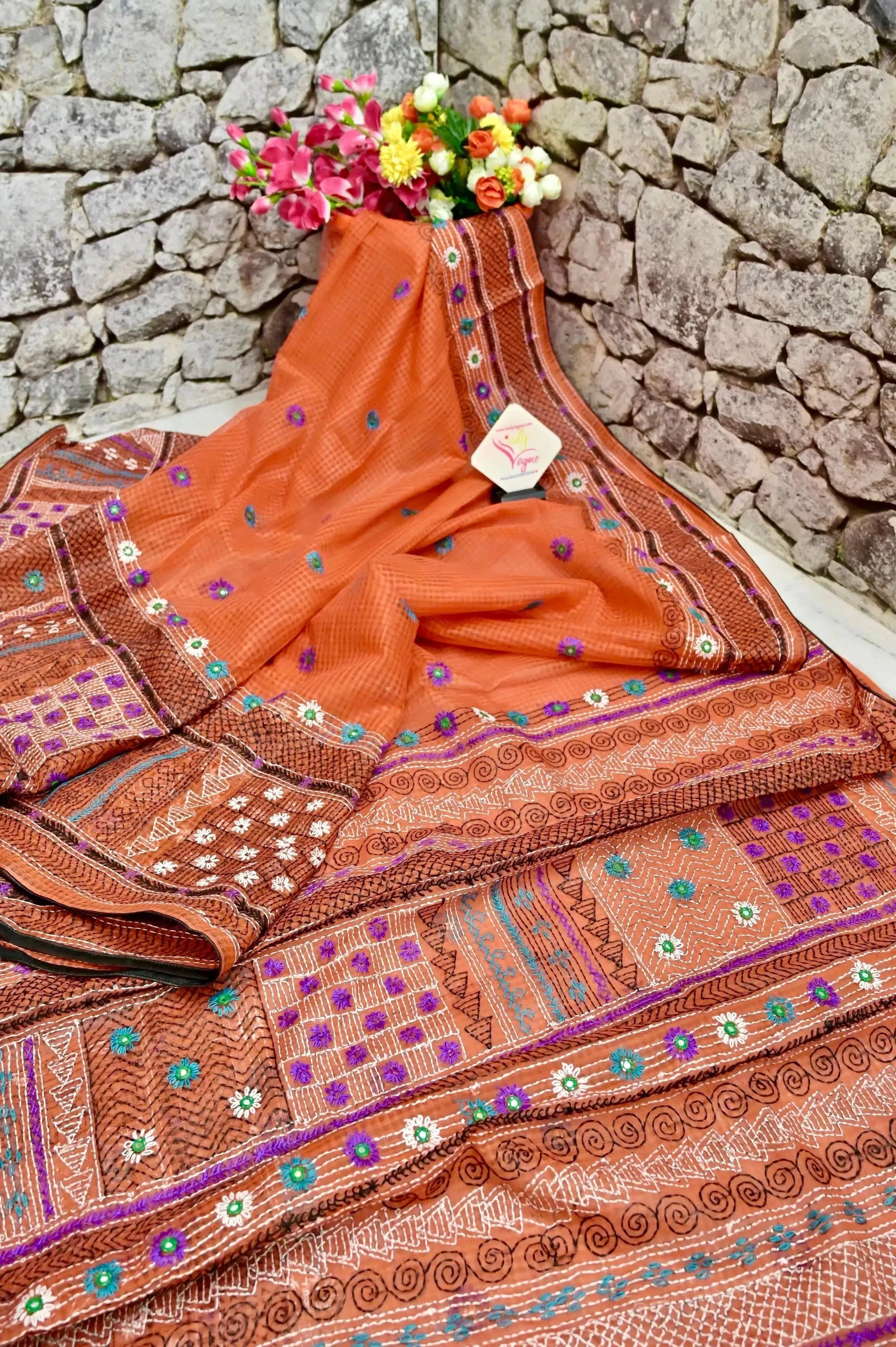 Burnt Orange Color Resham Kota Saree with hand Lambani and Mirror Work