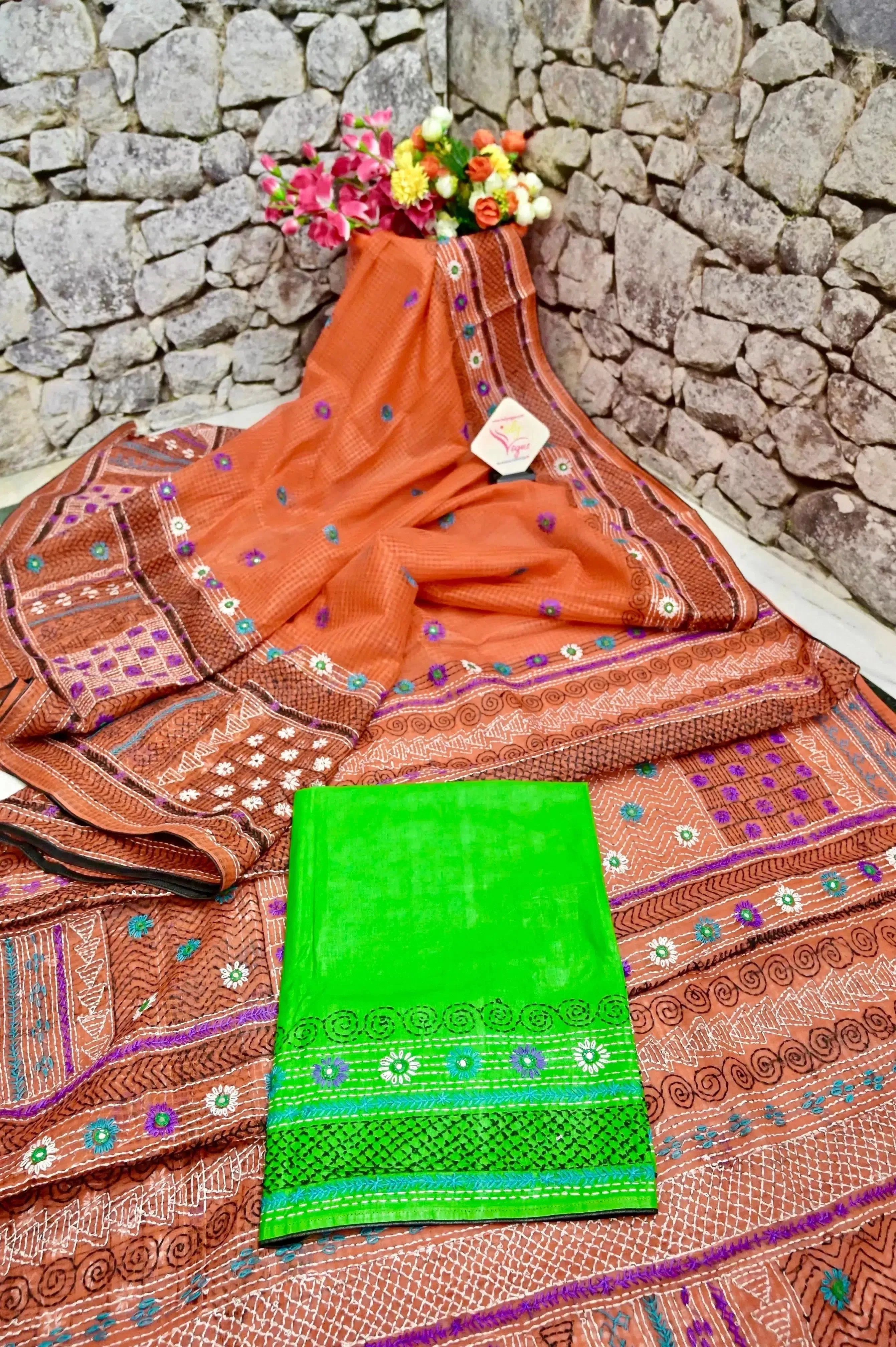 Burnt Orange Color Resham Kota Saree with hand Lambani and Mirror Work