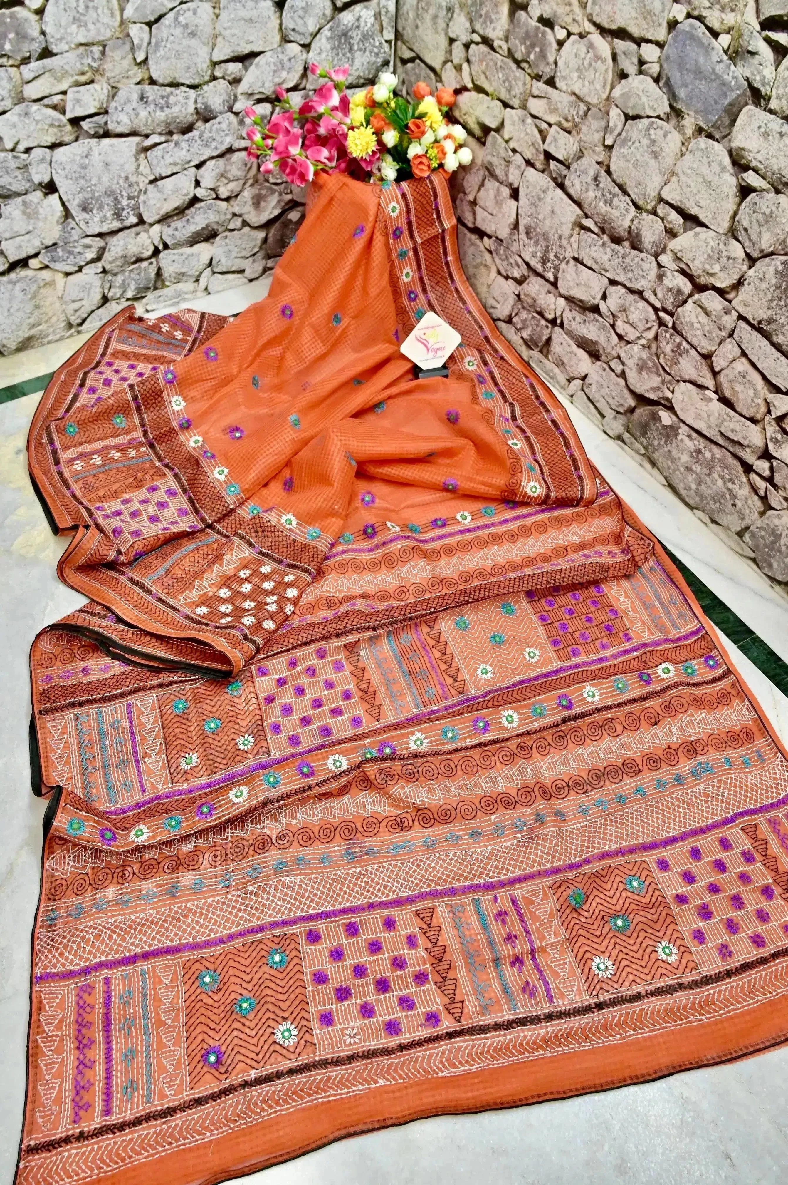 Burnt Orange Color Resham Kota Saree with hand Lambani and Mirror Work