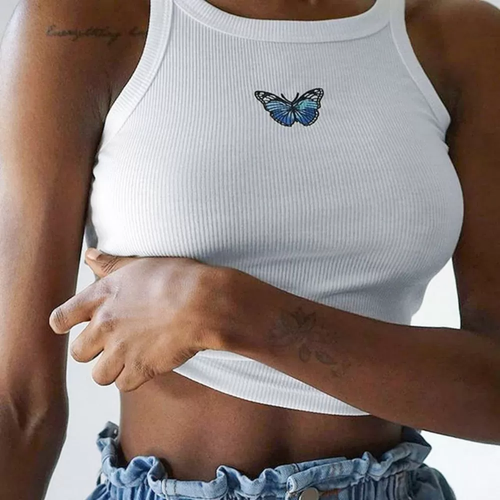 Butterfly Embroidered Halter Tank Tops