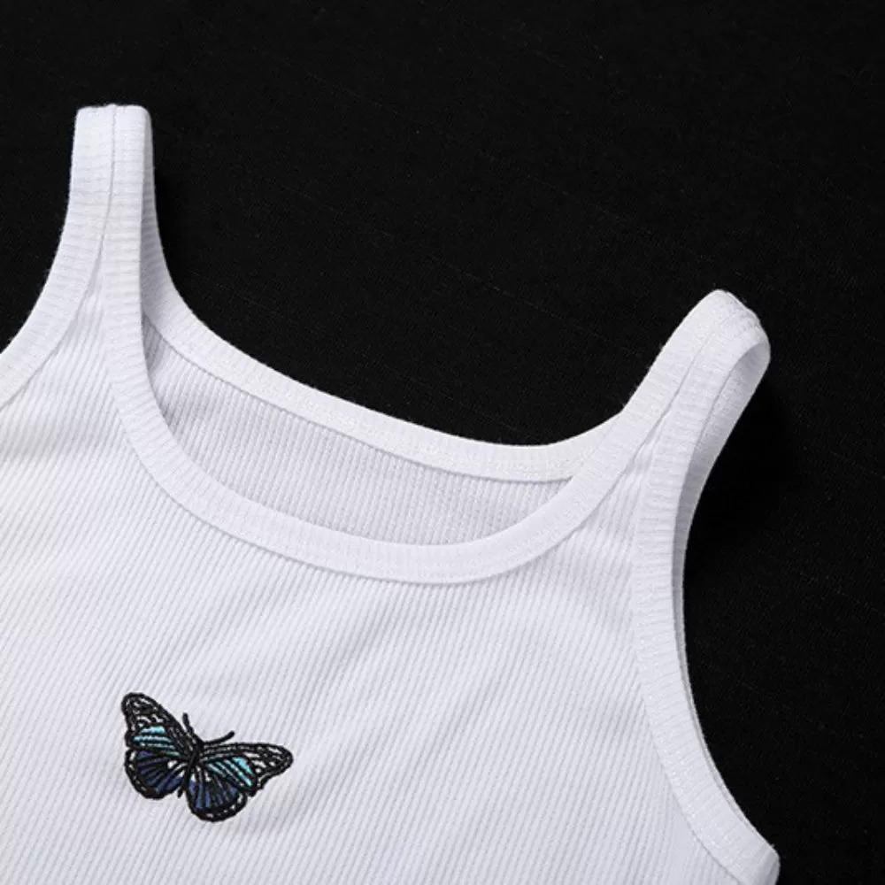 Butterfly Embroidered Halter Tank Tops