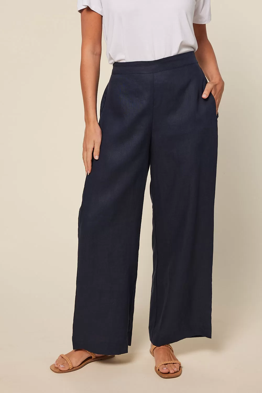 Camille Linen Wide Leg Pant in Navy