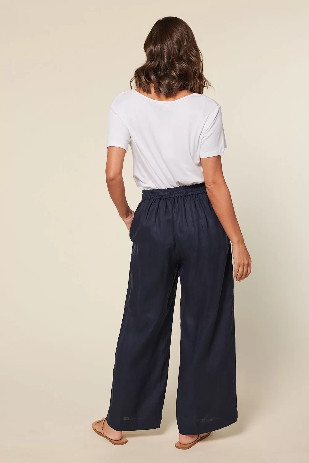 Camille Linen Wide Leg Pant in Navy