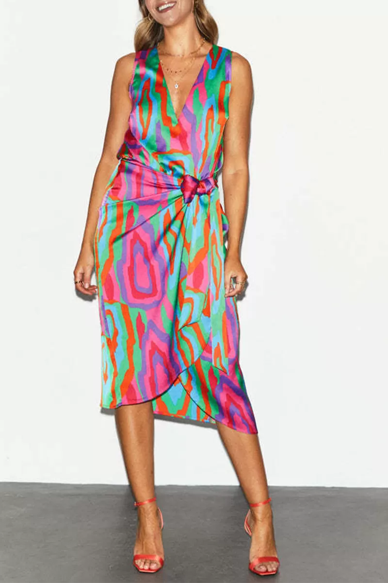 Casual Print Split Joint V Neck Waist Skirt Dresses