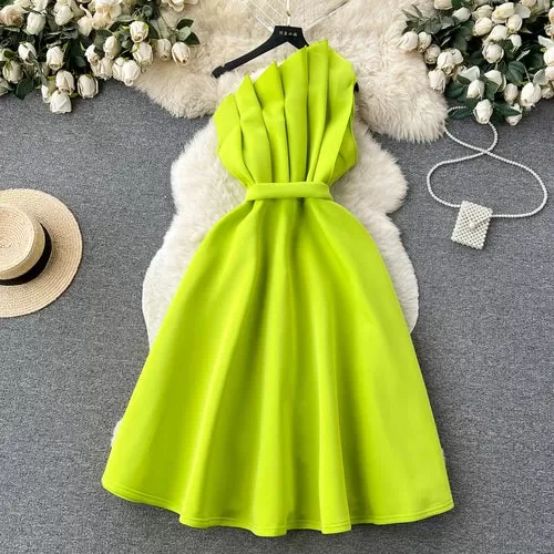 Chic One Shoulder Pleated Sleeveless Solid A-line Dress High Waist Evening Party Strapless Dress Women Summer Vestidos