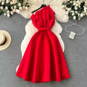 Chic One Shoulder Pleated Sleeveless Solid A-line Dress High Waist Evening Party Strapless Dress Women Summer Vestidos