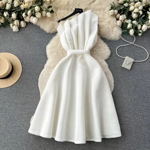 Chic One Shoulder Pleated Sleeveless Solid A-line Dress High Waist Evening Party Strapless Dress Women Summer Vestidos