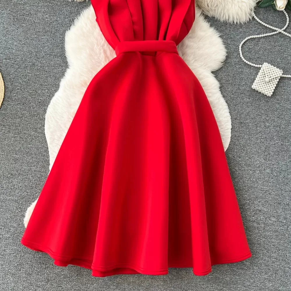 Chic One Shoulder Pleated Sleeveless Solid A-line Dress High Waist Evening Party Strapless Dress Women Summer Vestidos