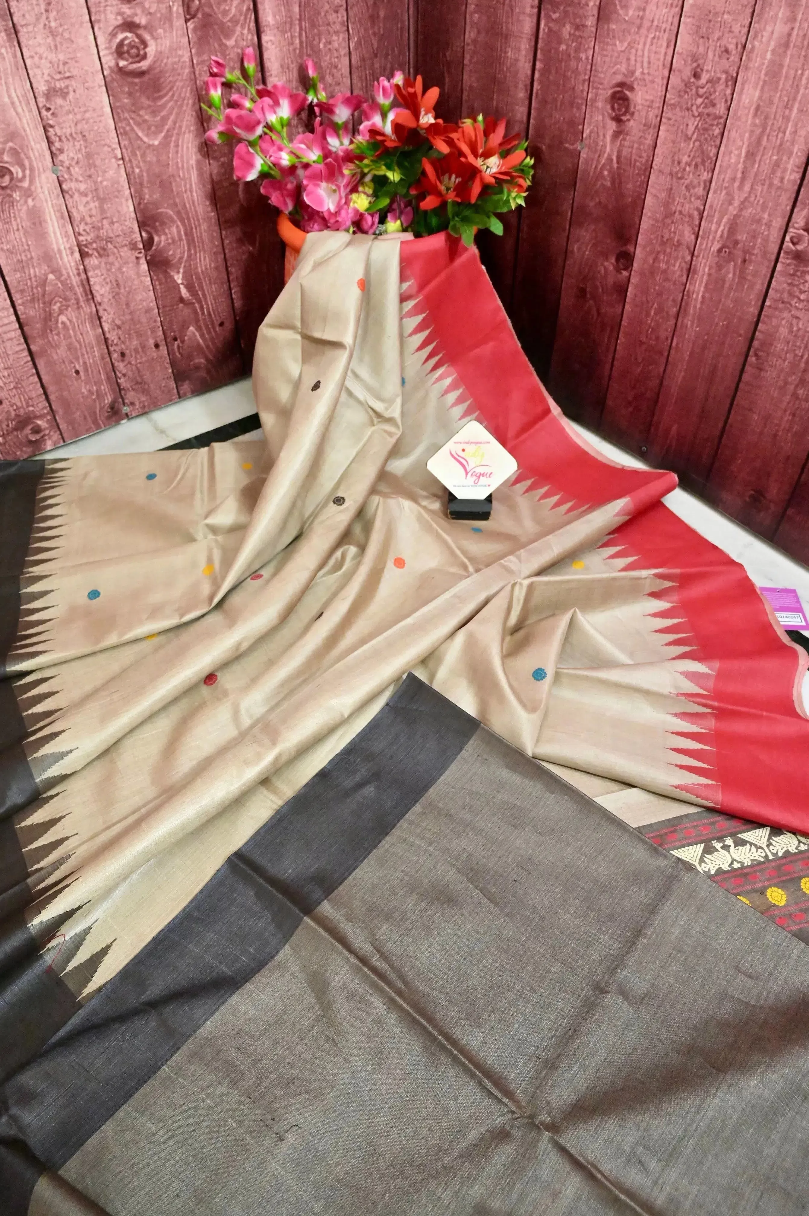 Cream Color Tussar Dolabedi Silk Saree with Ganga Jamuna Temple Border and Multicolored Buti Work