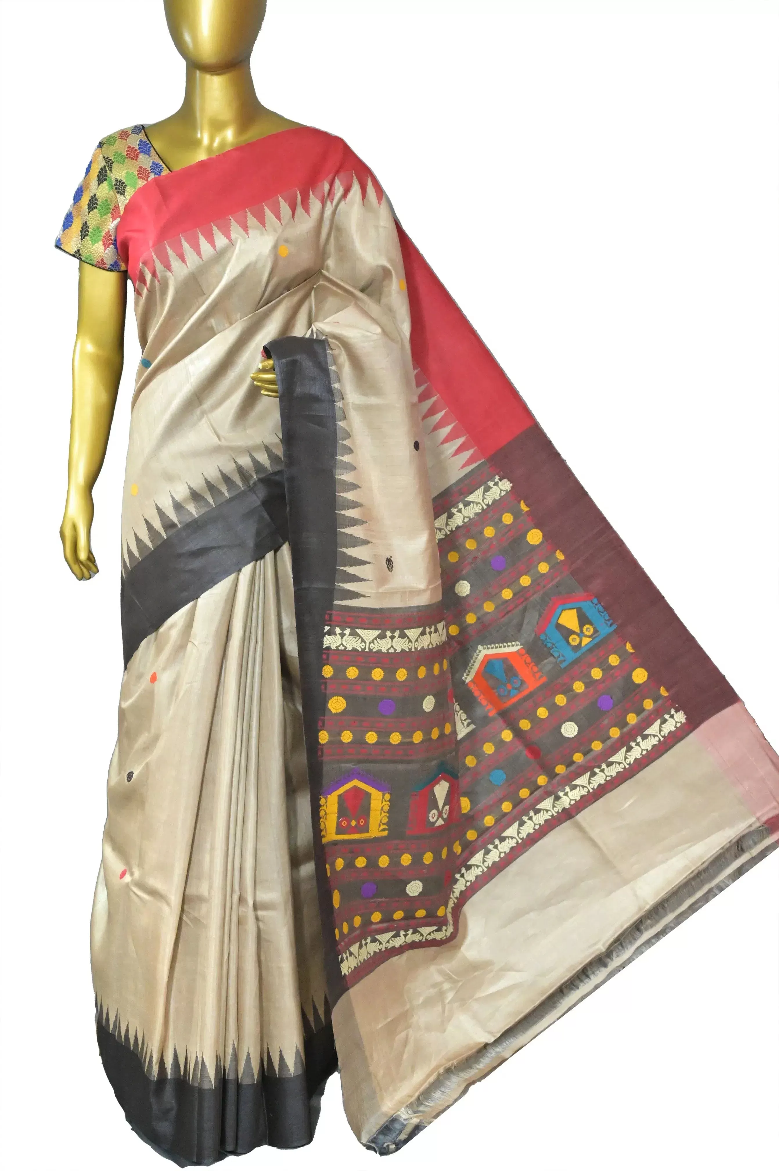 Cream Color Tussar Dolabedi Silk Saree with Ganga Jamuna Temple Border and Multicolored Buti Work