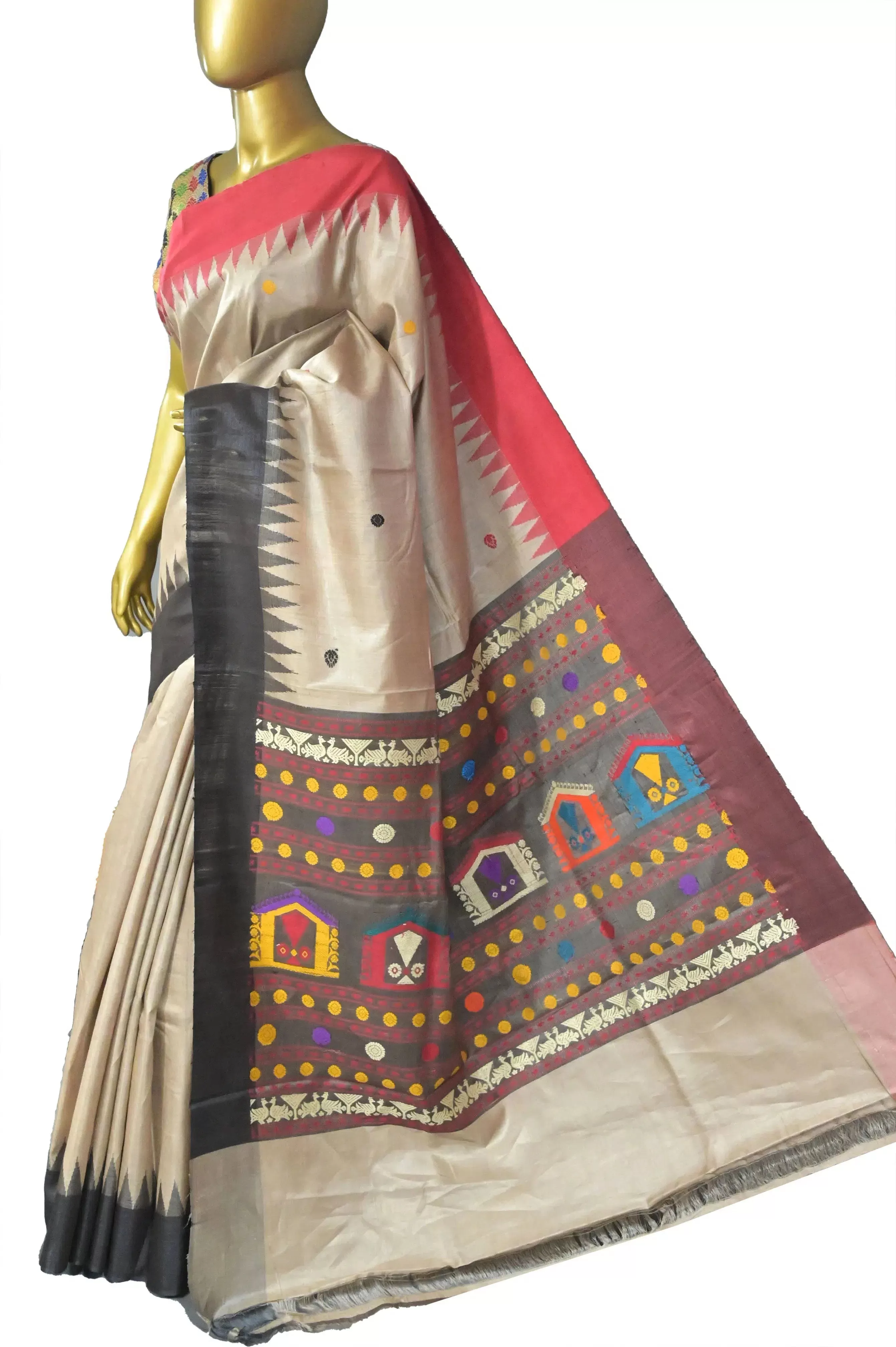 Cream Color Tussar Dolabedi Silk Saree with Ganga Jamuna Temple Border and Multicolored Buti Work