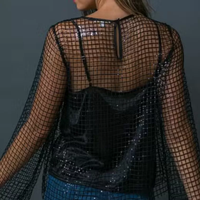 Crown Jewel Black Sequined Sheer FishNet Mesh Top