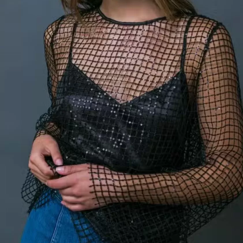 Crown Jewel Black Sequined Sheer FishNet Mesh Top