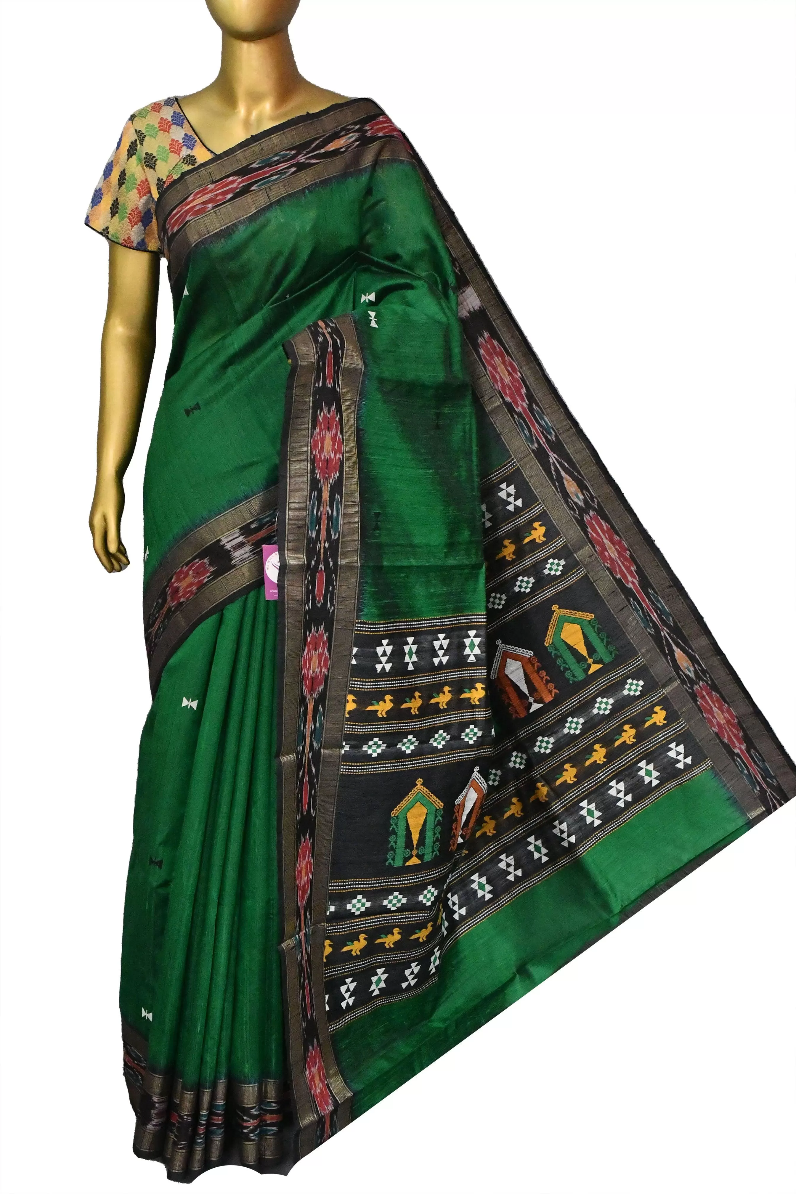 Dark Green Color Raw Silk Saree with Dolabedi Pallu and Sambalpuri Border