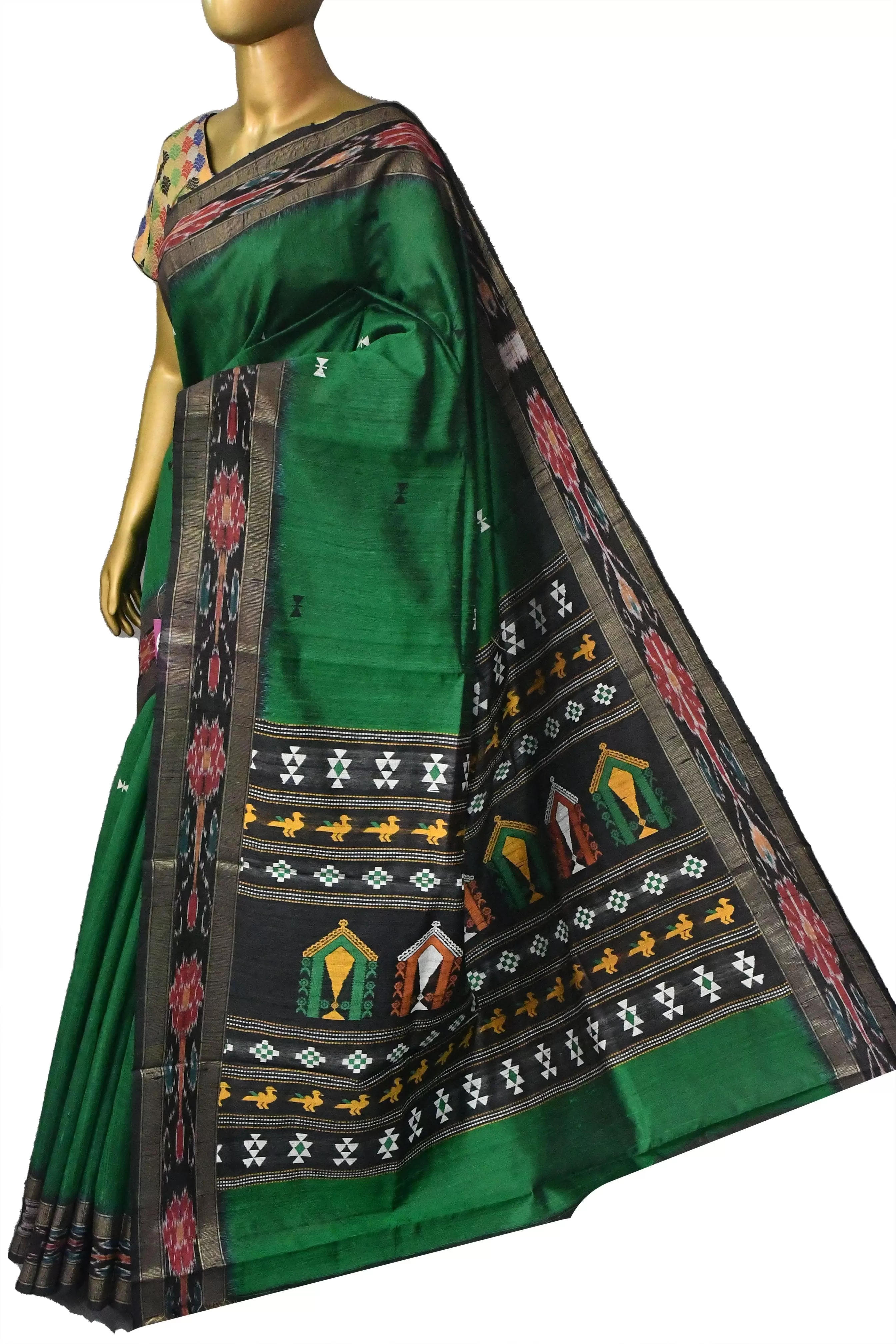 Dark Green Color Raw Silk Saree with Dolabedi Pallu and Sambalpuri Border