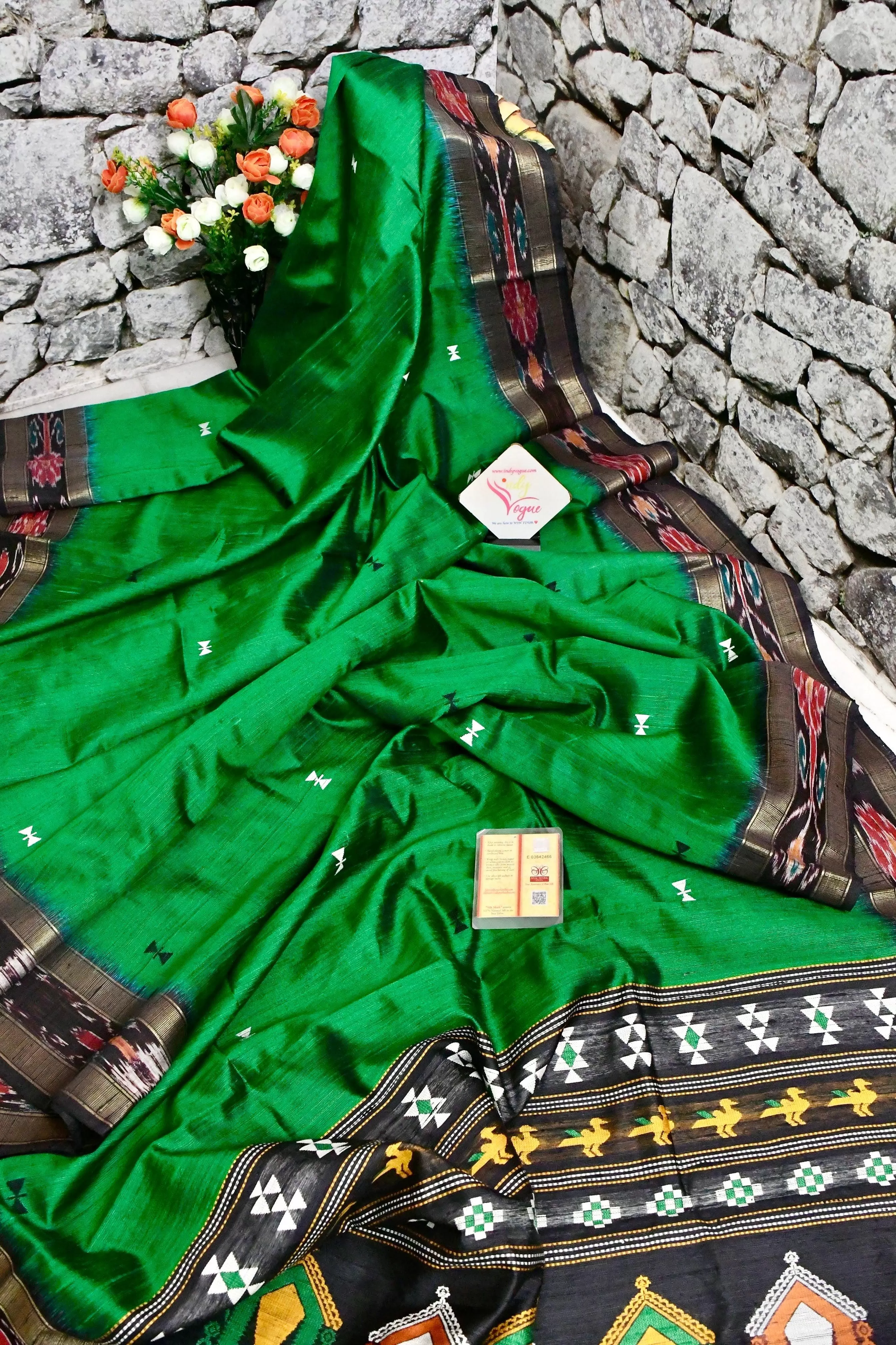 Dark Green Color Raw Silk Saree with Dolabedi Pallu and Sambalpuri Border