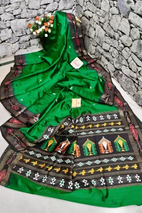 Dark Green Color Raw Silk Saree with Dolabedi Pallu and Sambalpuri Border