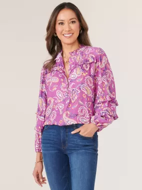 Double Ruffle Blouson Sleeve Stand Collar Paisley Print Woven Top