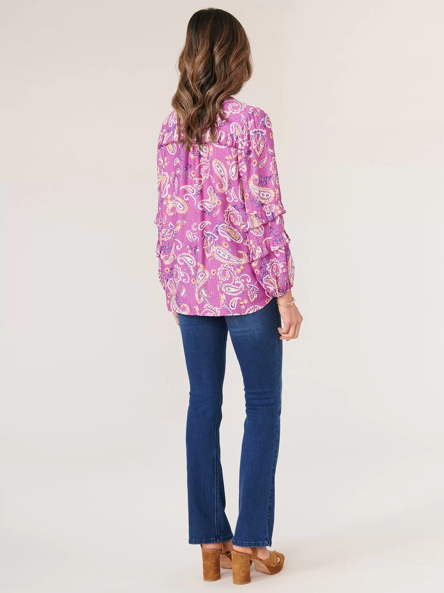 Double Ruffle Blouson Sleeve Stand Collar Paisley Print Woven Top