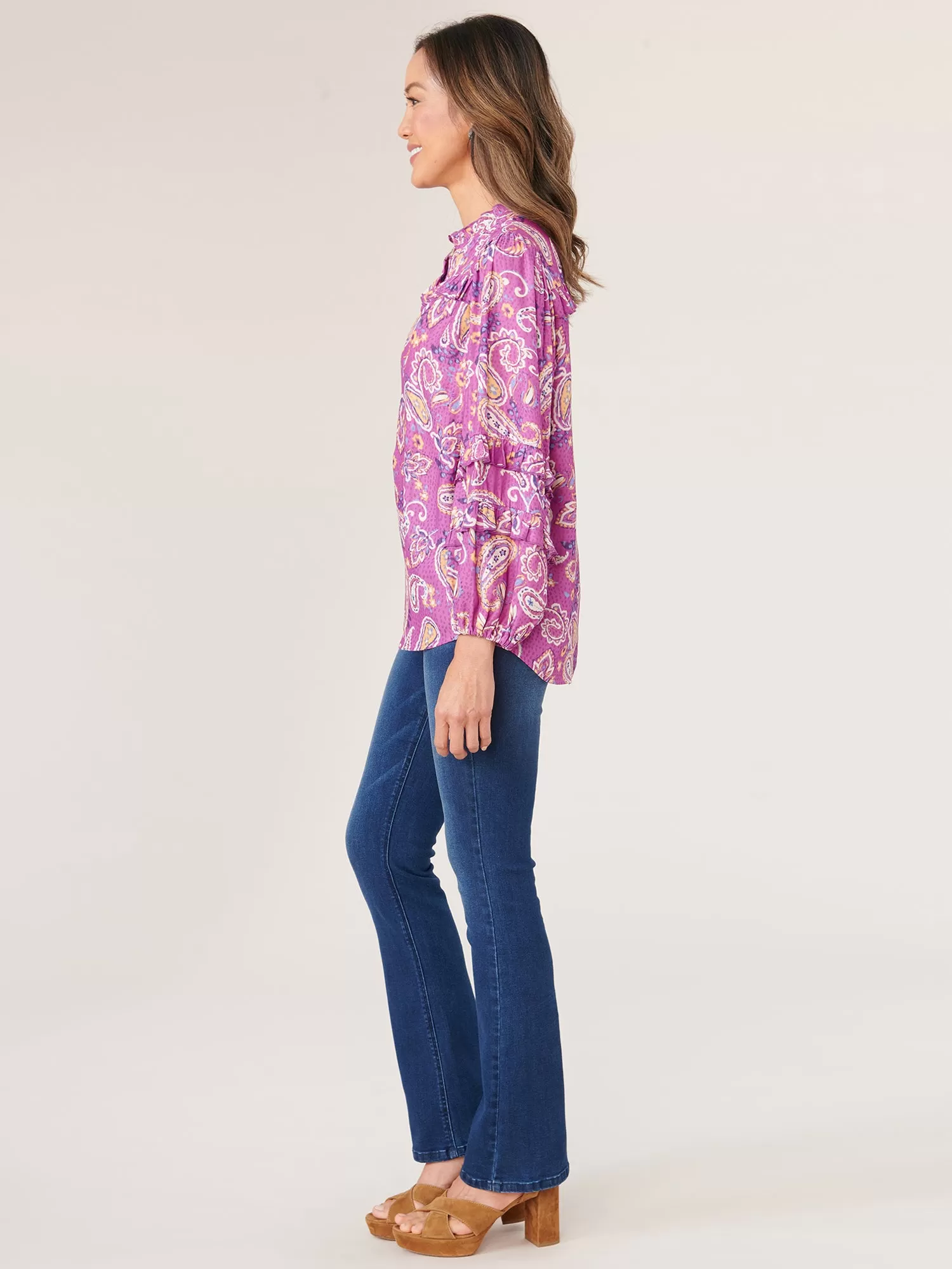 Double Ruffle Blouson Sleeve Stand Collar Paisley Print Woven Top