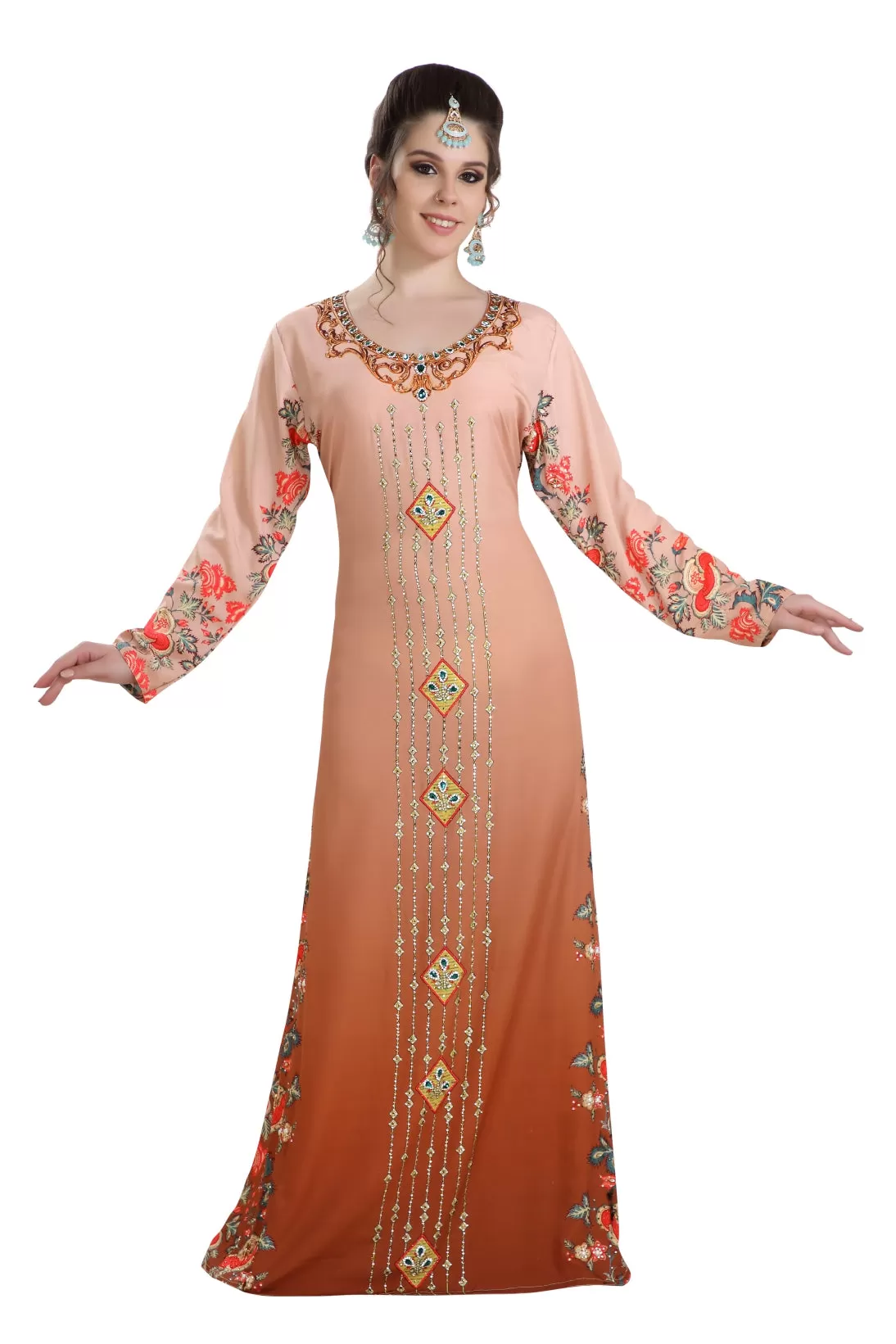 Dubai Kaftan Digital Printed Long Maxi Dress With Crystals