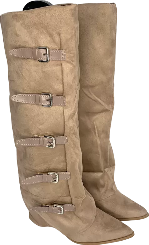 Ego Beige Take Aim Multi Buckle Detail Pointed Toe Faux Suede Boots UK 4 EU 37 👠