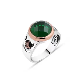 Facet Cut Small Circle Green Zircon Stone Silver Men's Ring Siding Ottoman Tughra