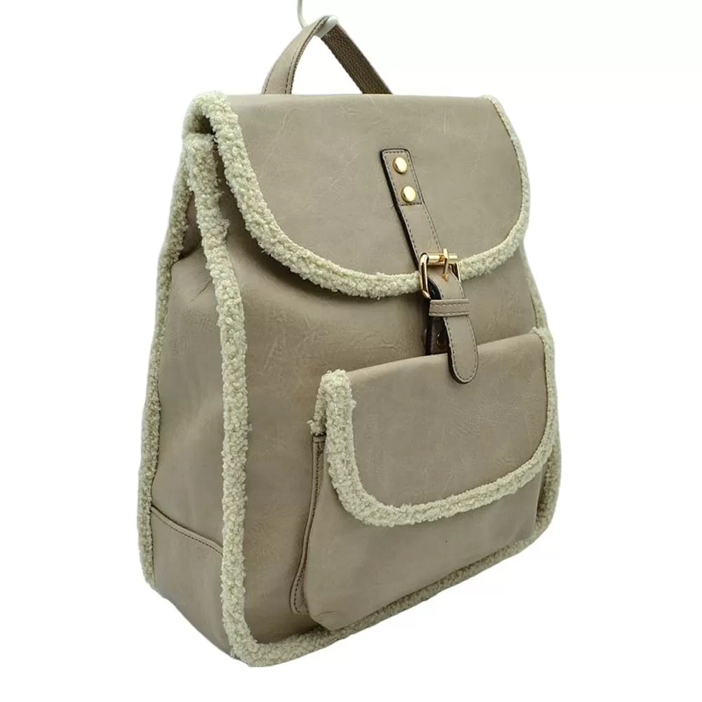 Faux Shearling Trimmed Vegan Leather Foldover Backpack