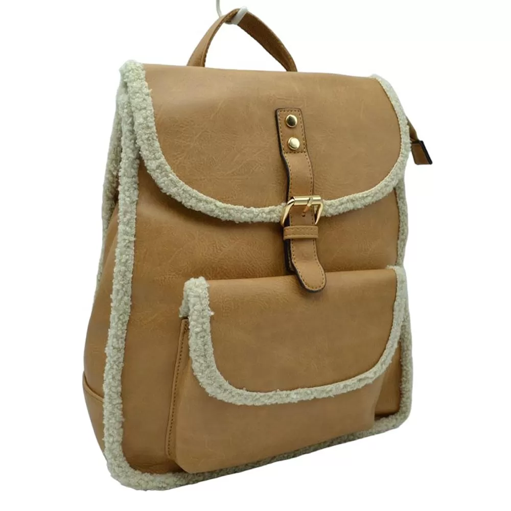 Faux Shearling Trimmed Vegan Leather Foldover Backpack