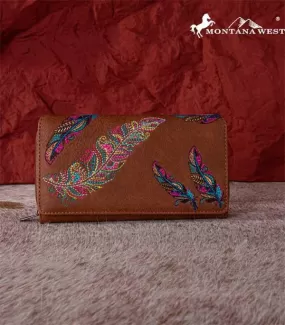 Feather embroidered wallet wristlet   Tan