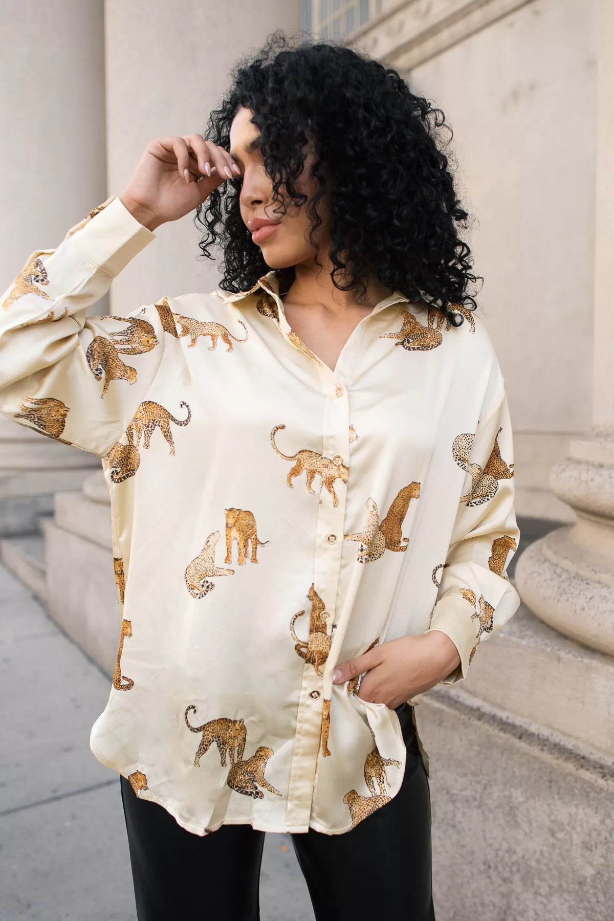 Feline Flair Cream Button Up Top - Final Sale