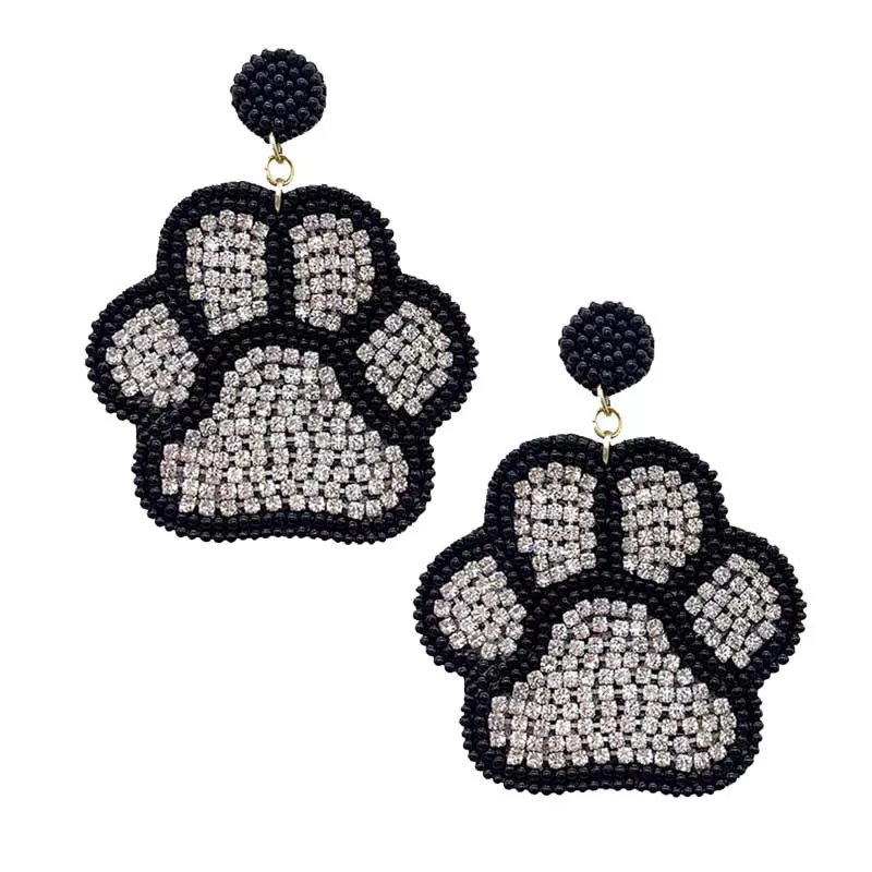 Felt Back Seed Beaded Trimmed Bling Paw Dangle Earrings